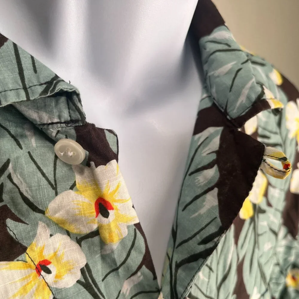 🌺 J. Crew Men’s M Brown Green Yellow Hawaiian Short Sleeve Loop Collar Shirt 🌴